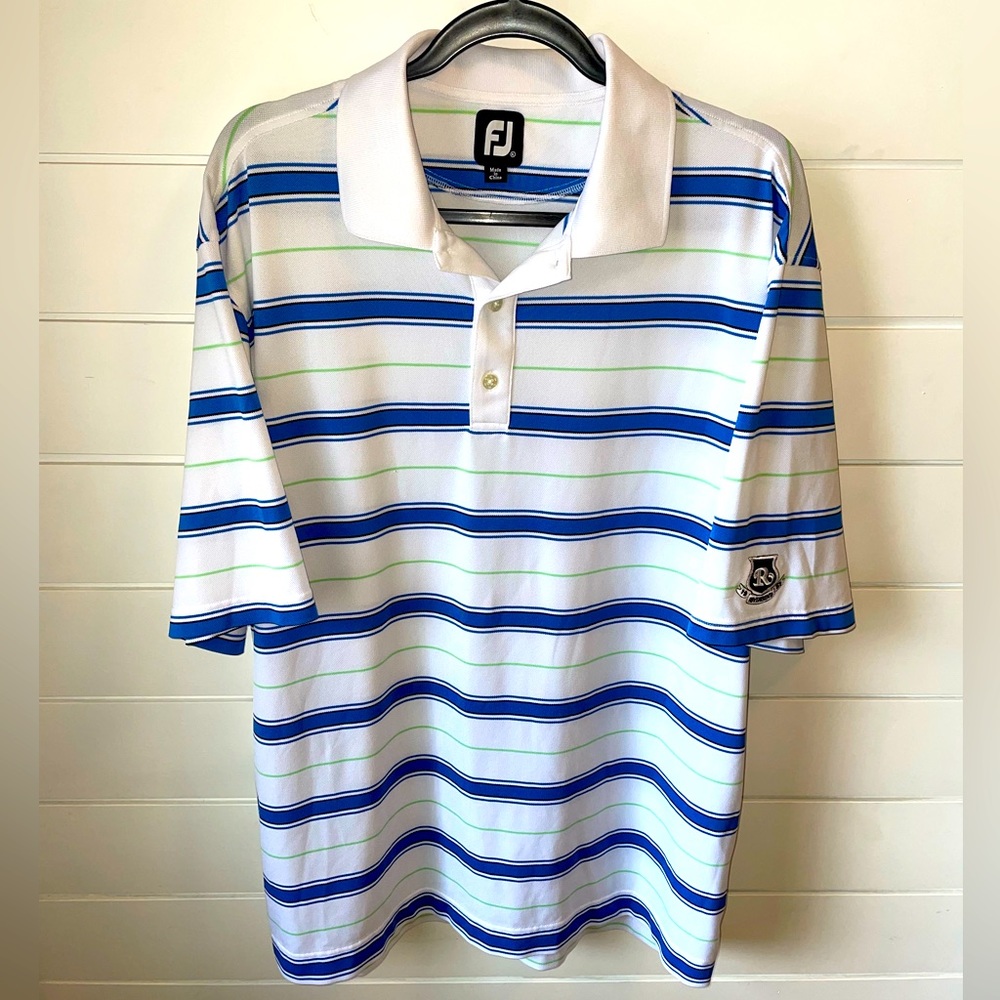 FootJoy FJ Golf Polo Shirt Mens XL Blue Striped Short Sleeve Embroidered Logo